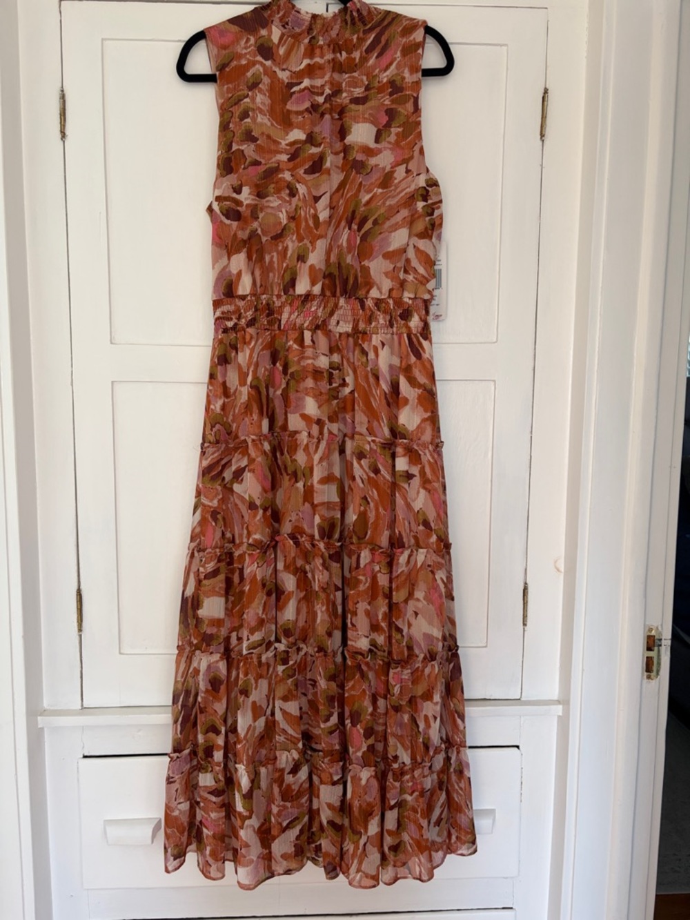 MSK Pink & Rust Patterned Sleeveless Tiered Maxi Dress